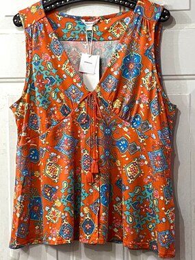 NWT Springfield Sz XL Knit Blouse Sleeveless Orange/ Multicolor  Paisley Tassels